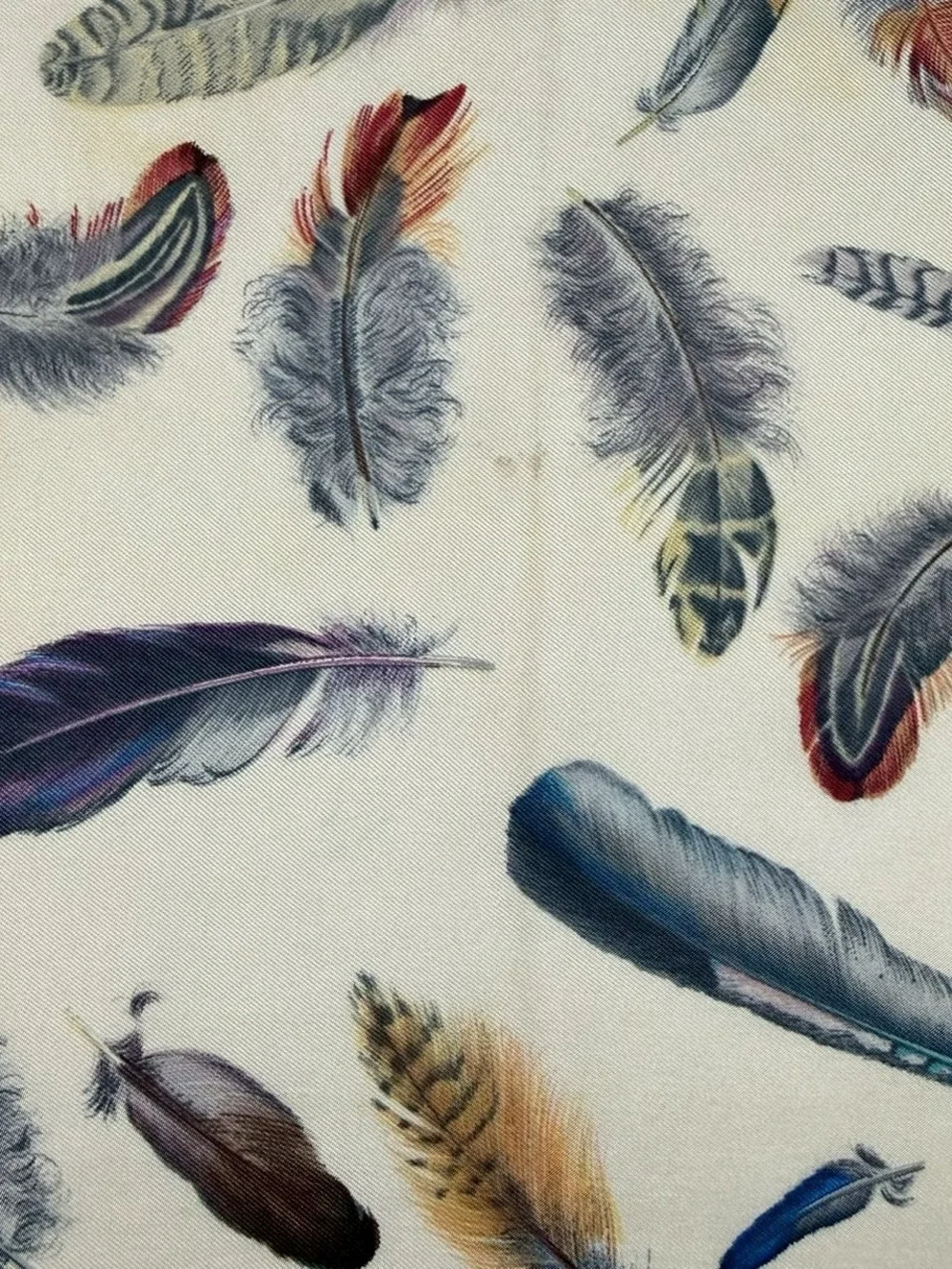 Hermes Multicolor Feather Print Silk Scarf - Blue Trim